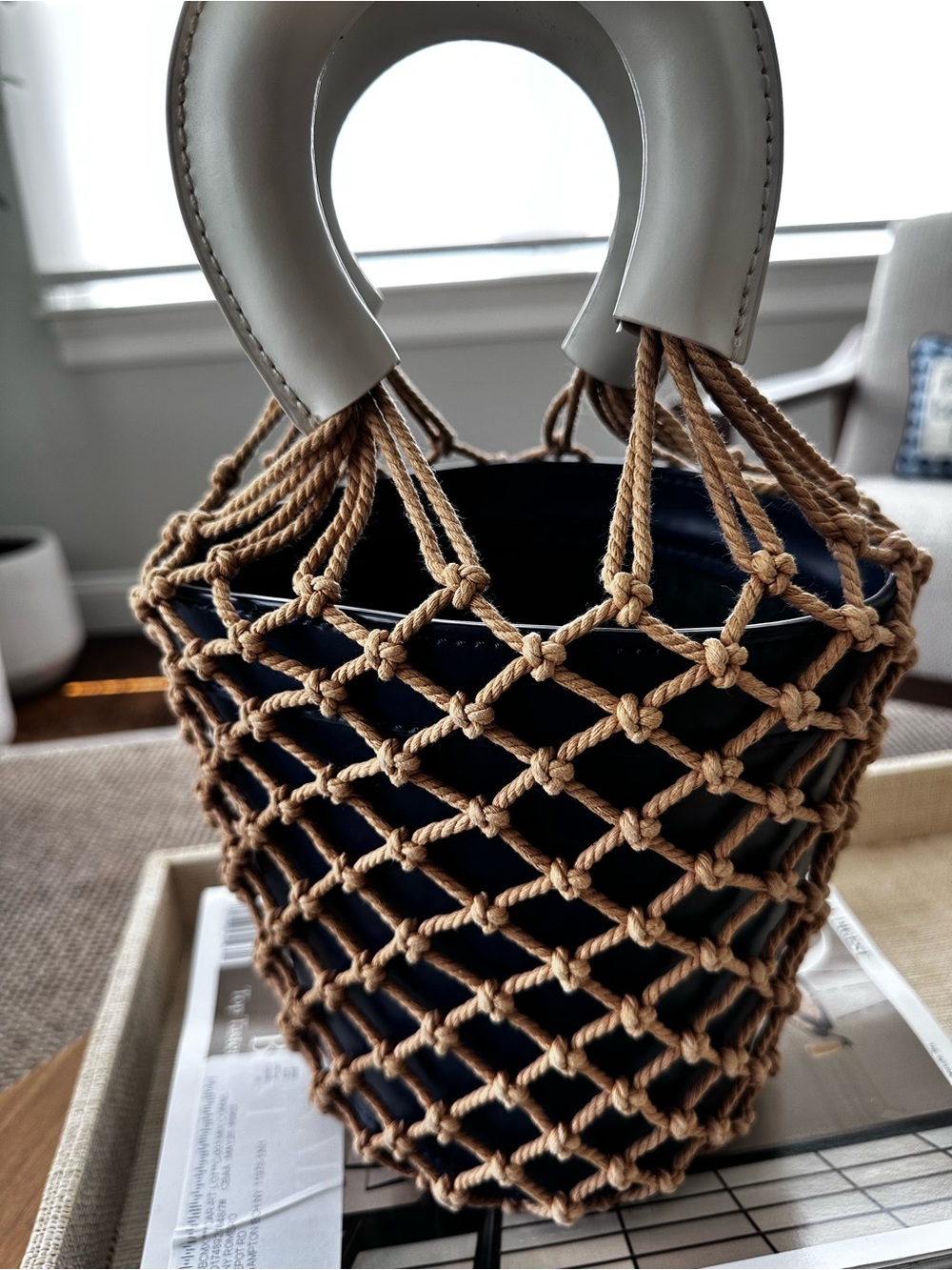 Staud Woven Rope Net Bucket Bag with White Handle - Blue/White - Picture 1 of 5